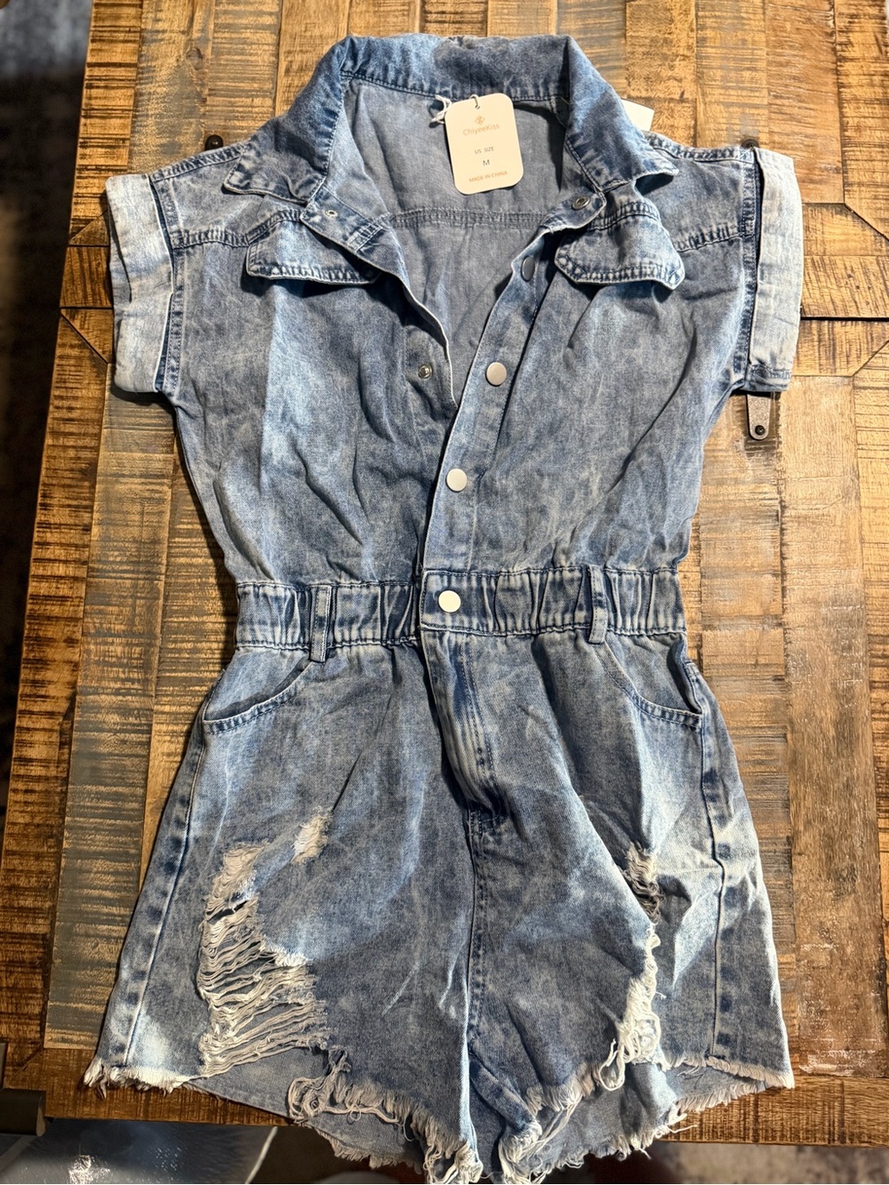 Light Blue Washed Denim Short Romper with Elastic Waist